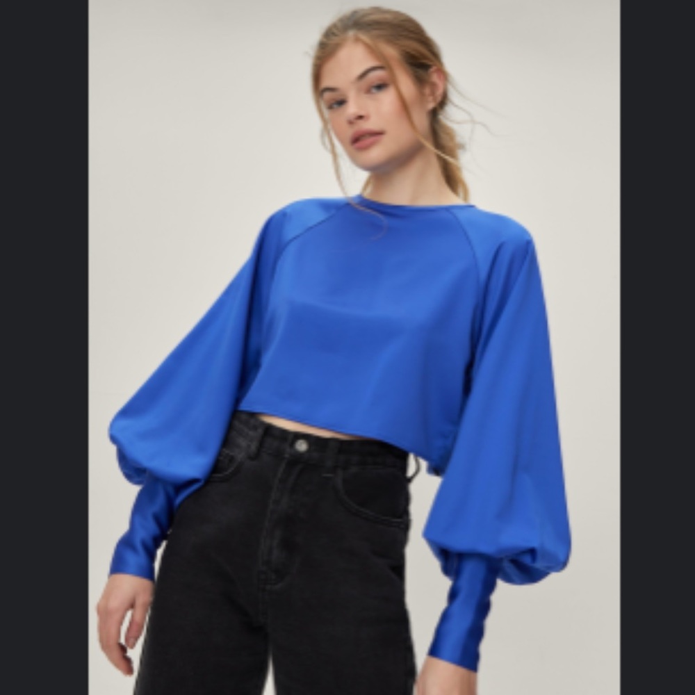 US Size 0 Royal Blue High Neck Puff Sleeve Blouse